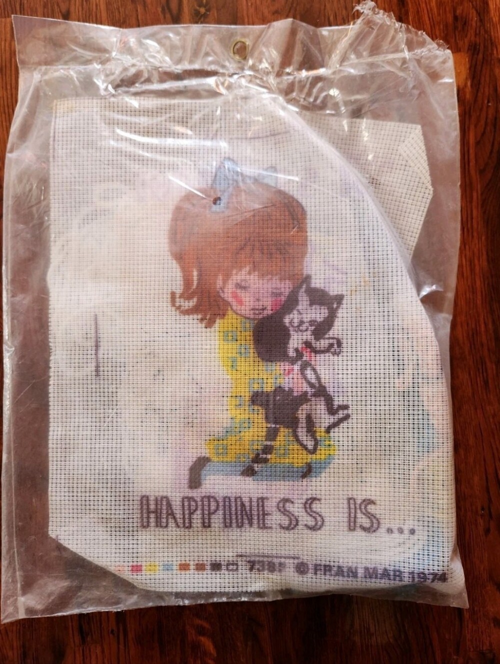 Vintage Happiness Is Cross Stitch Sewing Kit Child Holding Cat Fran 1974